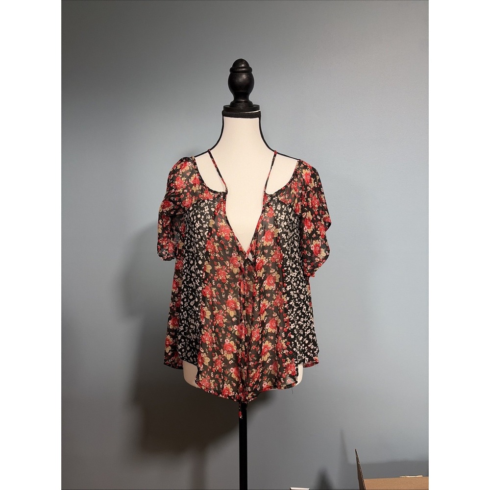 inTu. Women Black Red White Floral Sheer Blouse Flutter Sleeve T2027 Size L